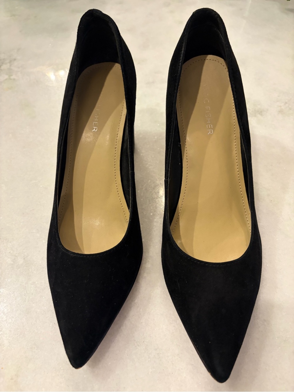 Marc Fisher Womens Black Pointed-Toe Suede Pumps size 8.5M block heel classic